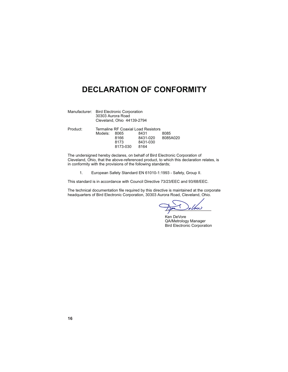 Declaration of conformity | Bird Technologies 8000 Series User Manual | Page 24 / 24