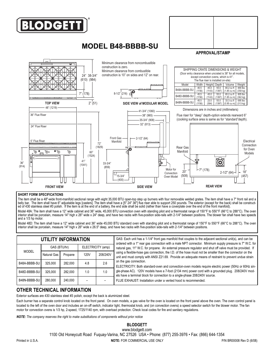Other technical information, Utility information, Approval/stamp | Blodgett B48-BBBB-SU User Manual | Page 2 / 2