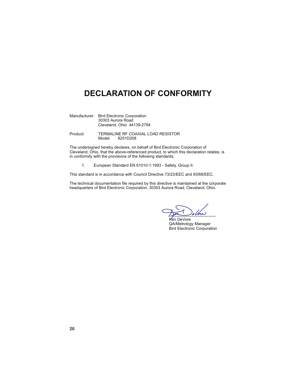 Declaration of conformity | Bird Technologies 8251D208 User Manual | Page 32 / 32
