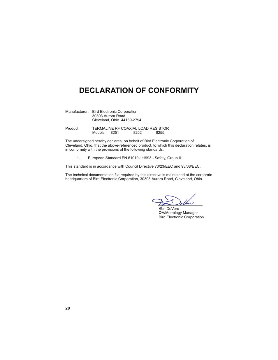 Declaration of conformity | Bird Technologies 8255 User Manual | Page 32 / 32