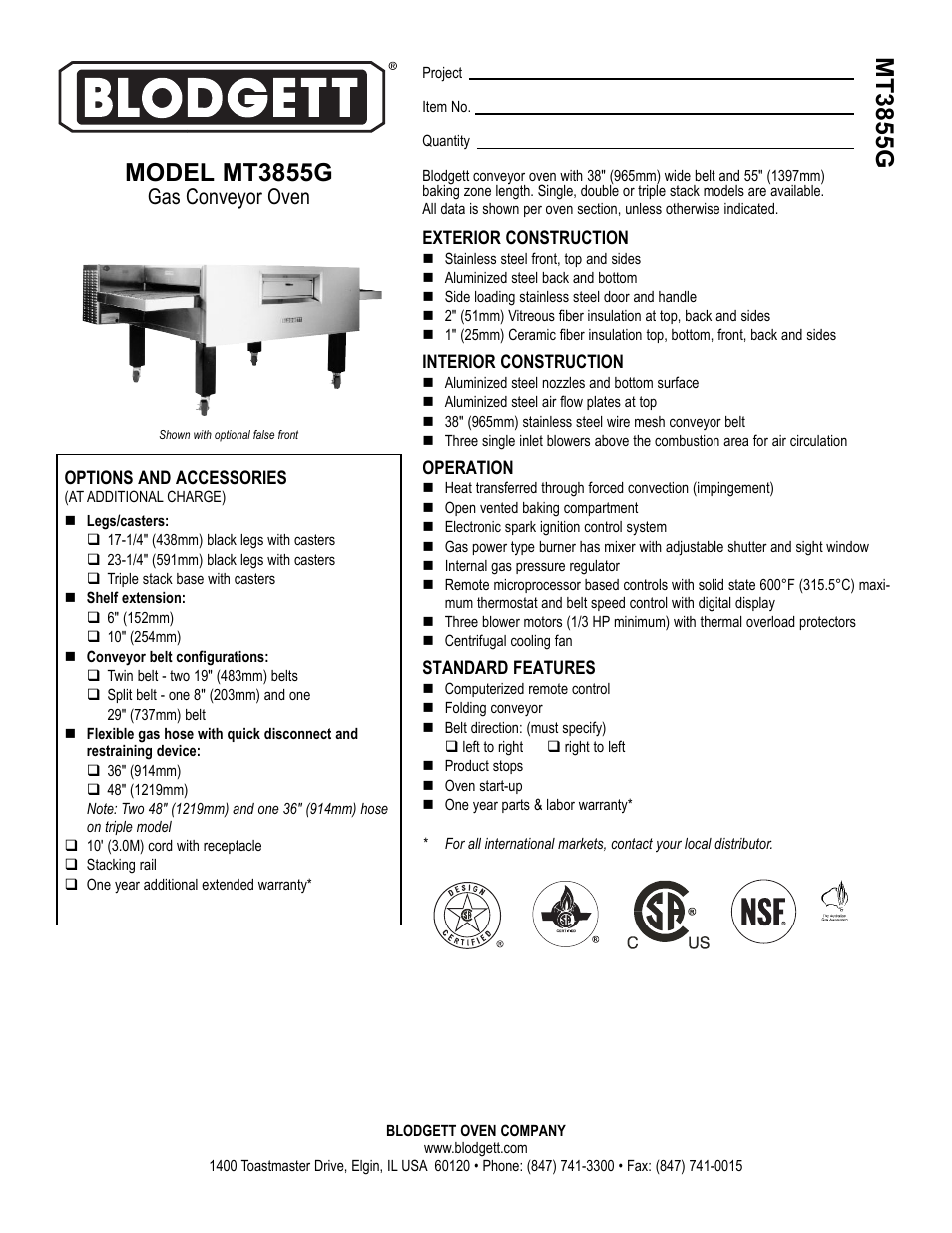 Blodgett MT3855G User Manual | 2 pages