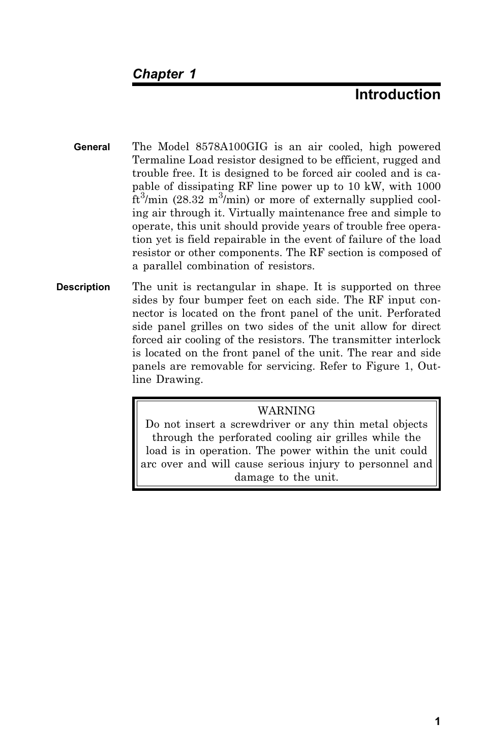 Safety pre cau tions. i, Gen eral .1, De scrip tion .1 | General, Description, Introduction, Chapter 1 | Bird Technologies 8578A100GIG User Manual | Page 11 / 29