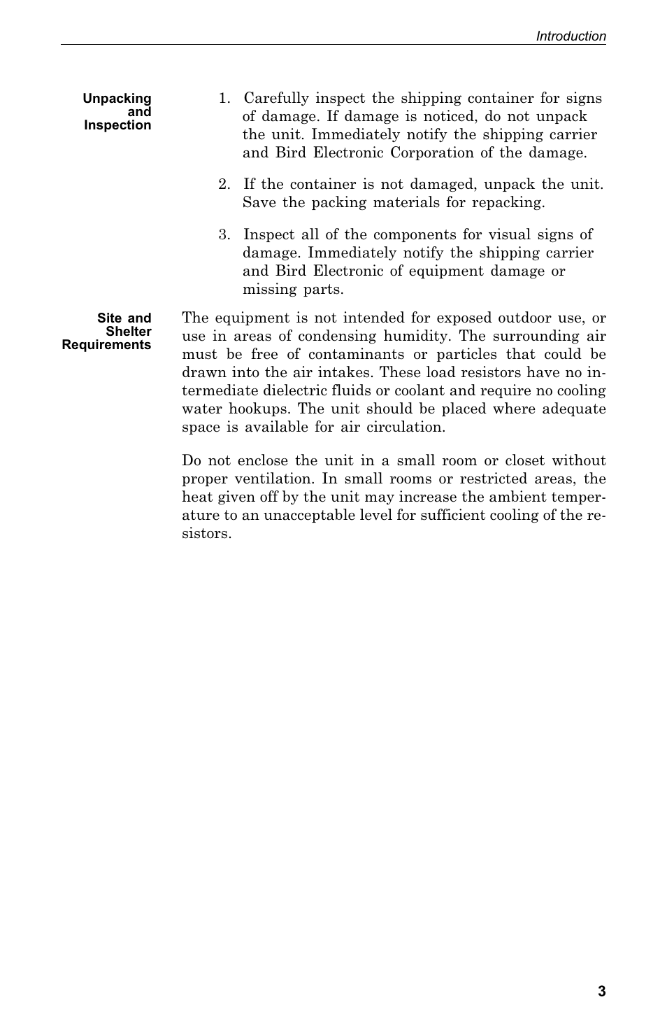 Un packing and in spec tion .3, Site and shel ter re quire ments .3, Unpacking and inspection | Site and shelter requirements | Bird Technologies 8578A100GIG User Manual | Page 13 / 29