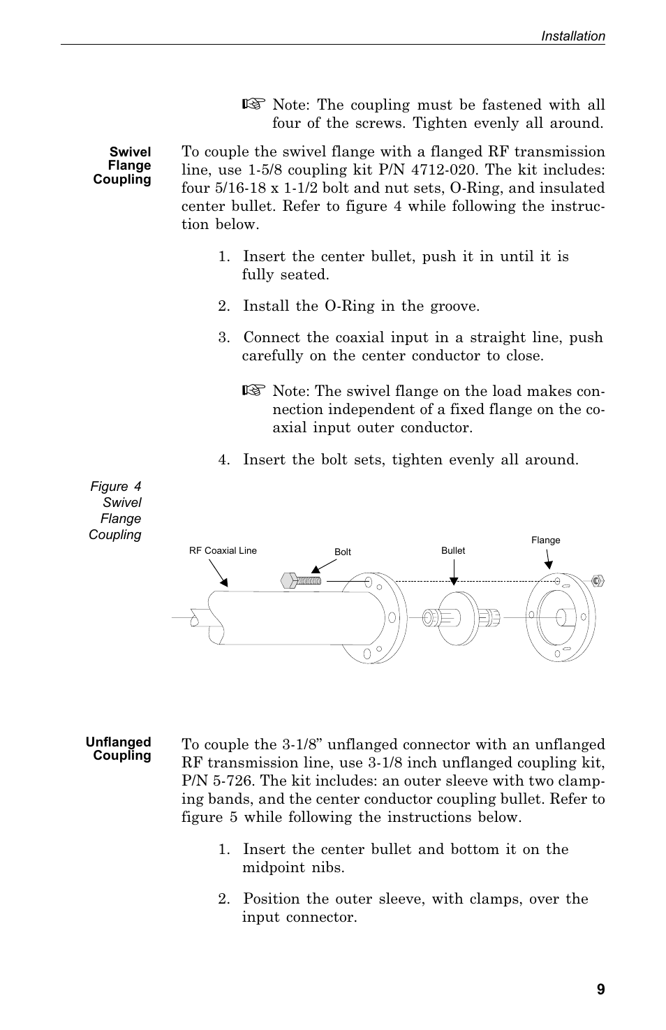 Swivel flange cou pling .9, Unflanged cou pling .9, Swivel flange coupling | Unflanged coupling | Bird Technologies 8578A100GIG User Manual | Page 19 / 29