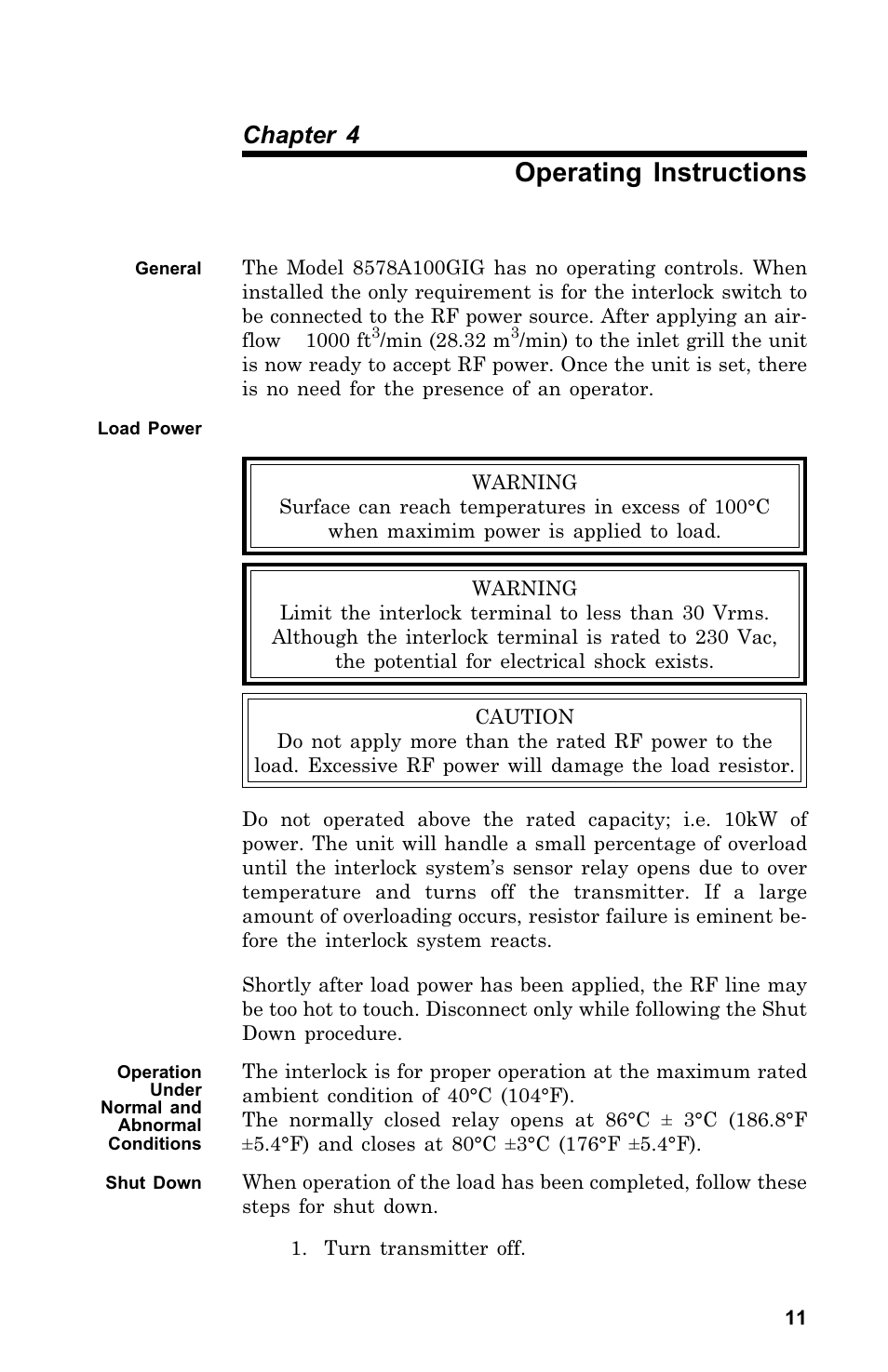 Op er ating in struc tions .11, Gen eral .11, Load power .11 | Shut down .11, Operating instructions, General, Load power, Operation under normal and abnormal conditions, Shut down, Chapter 4 | Bird Technologies 8578A100GIG User Manual | Page 21 / 29