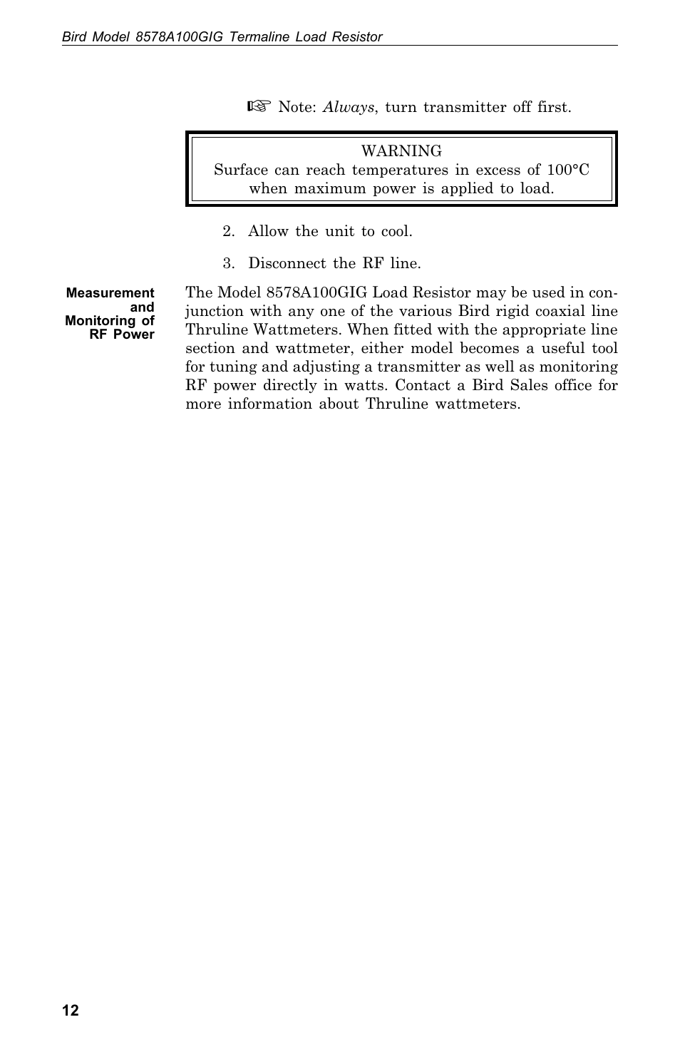 Mea sure ment and mon i toring of rf power .12, Measurement and monitoring of rf power | Bird Technologies 8578A100GIG User Manual | Page 22 / 29