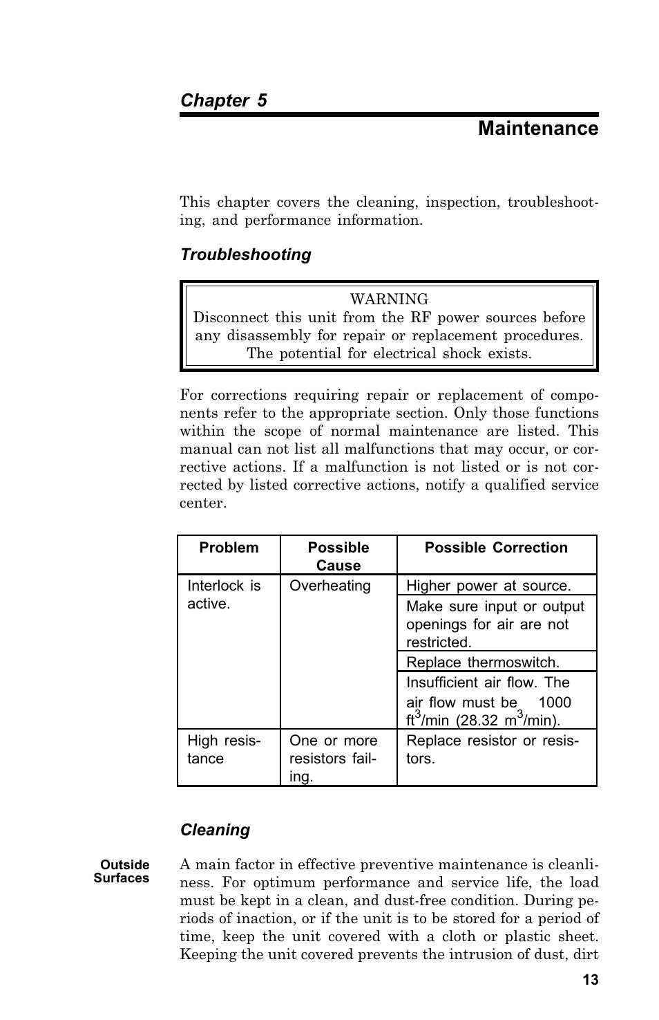 Main te nance .13, Trou ble shooting .13, Cleaning .13 | Out side sur faces .13, Maintenance, Troubleshooting, Cleaning, Outside surfaces, Chapter 5 | Bird Technologies 8578A100GIG User Manual | Page 23 / 29
