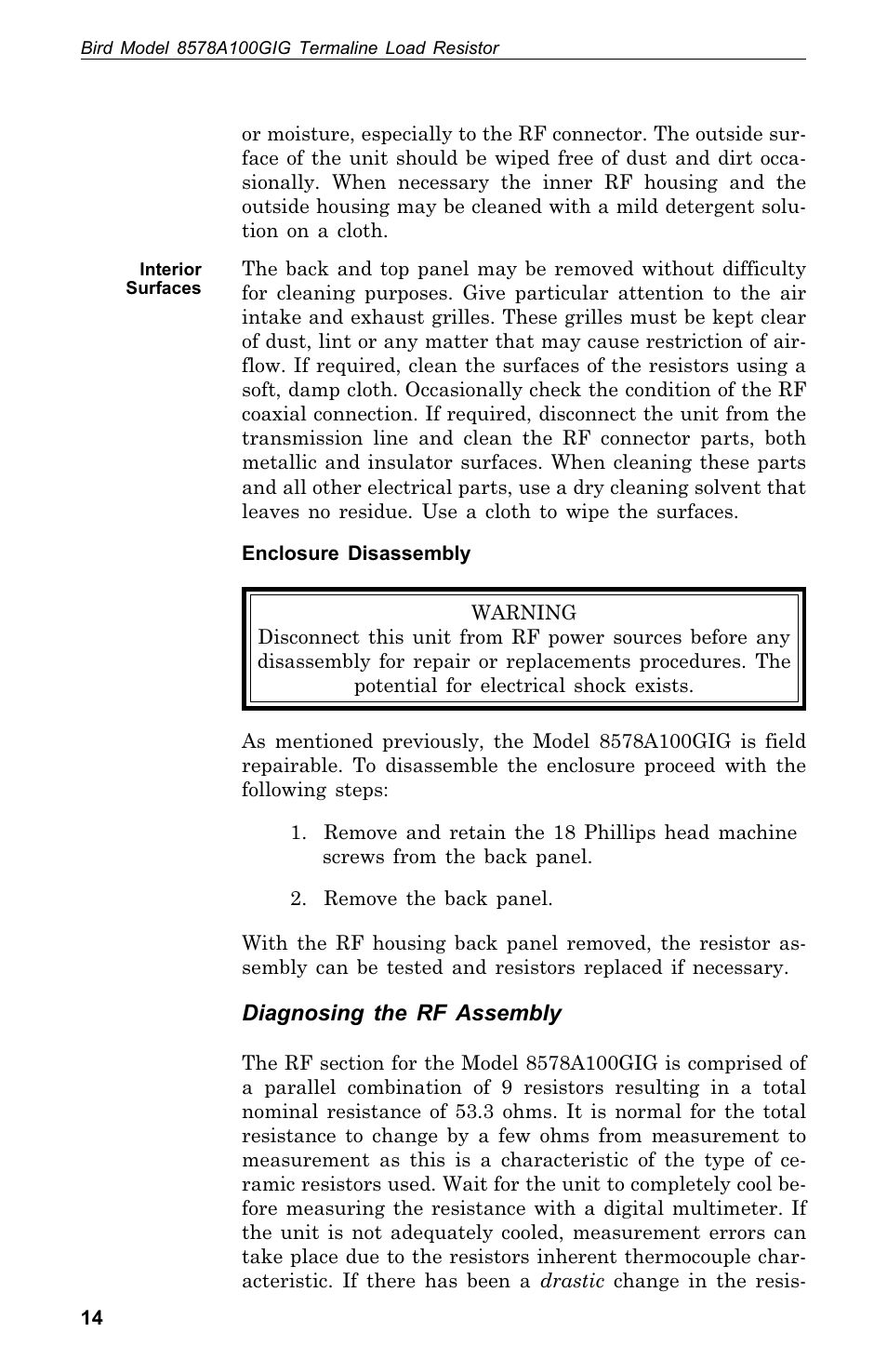 In te rior sur faces .14, Di ag nosing the rf as sem bly .14, Interior surfaces | Diagnosing the rf assembly | Bird Technologies 8578A100GIG User Manual | Page 24 / 29