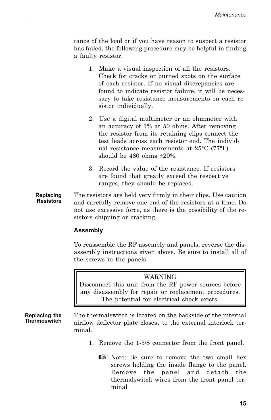 Re placing re sis tors .15, Re placing the thermoswitch .15, Replacing resistors | Replacing the thermoswitch | Bird Technologies 8578A100GIG User Manual | Page 25 / 29