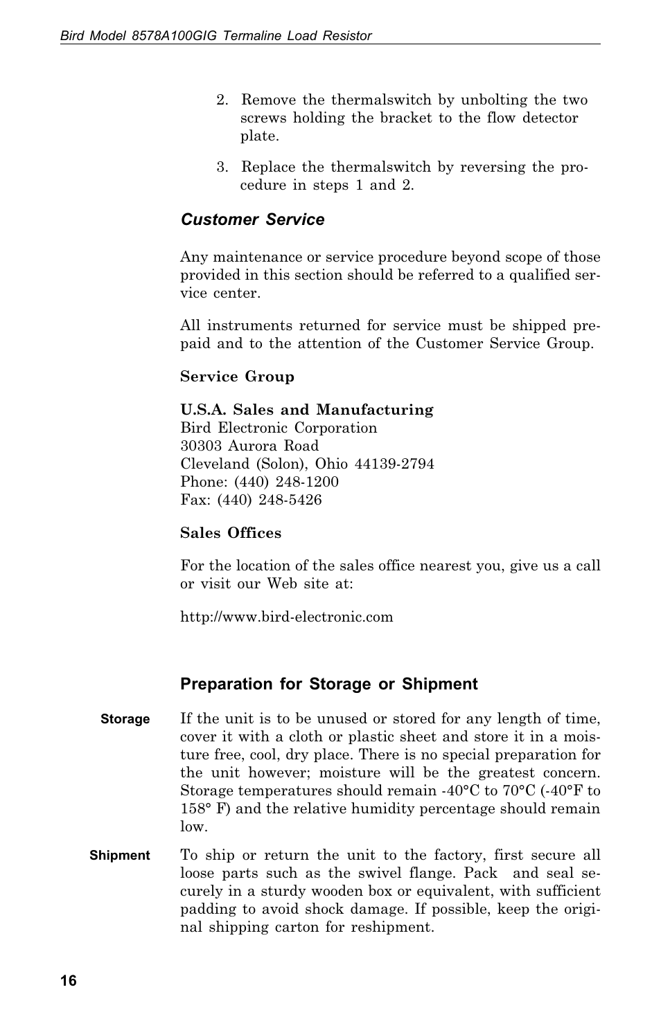 Cus tomer ser vice .16, Prep a ra tion for stor age or ship ment .16, Stor age .16 | Ship ment .16, Customer service, Preparation for storage or shipment, Storage, Shipment | Bird Technologies 8578A100GIG User Manual | Page 26 / 29
