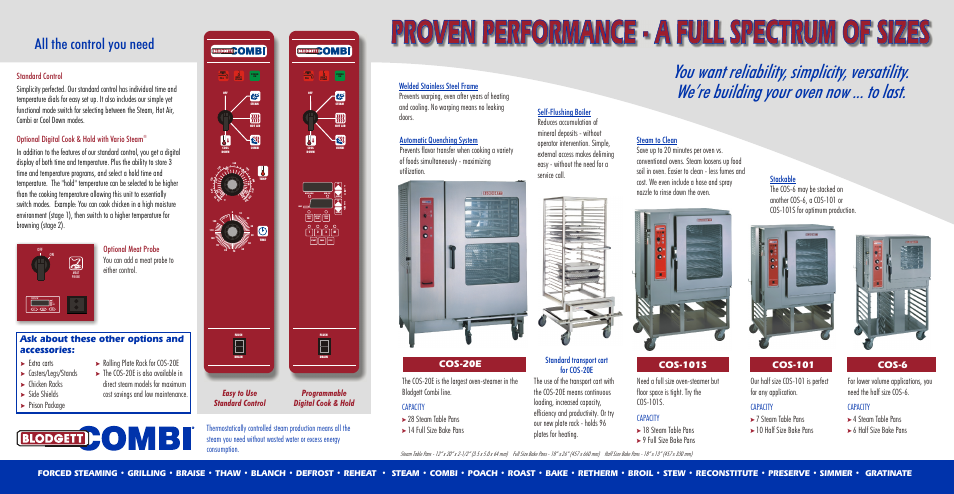 Proven performance - a full spectrum of sizes, All the control you need, Cos-20e | Cos-101s, Cos-101, Cos-6, Ask about these other options and accessories, Standard control | Blodgett COS User Manual | Page 2 / 2