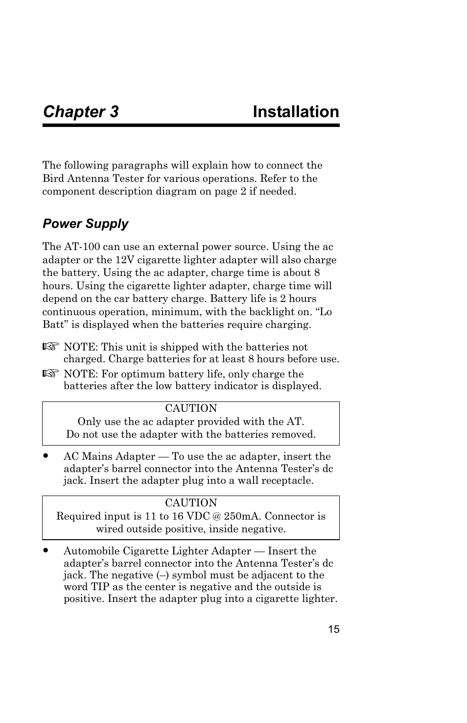 Chapter 3 installation, Power supply, Installation | Bird Technologies AT100 User Manual | Page 25 / 55