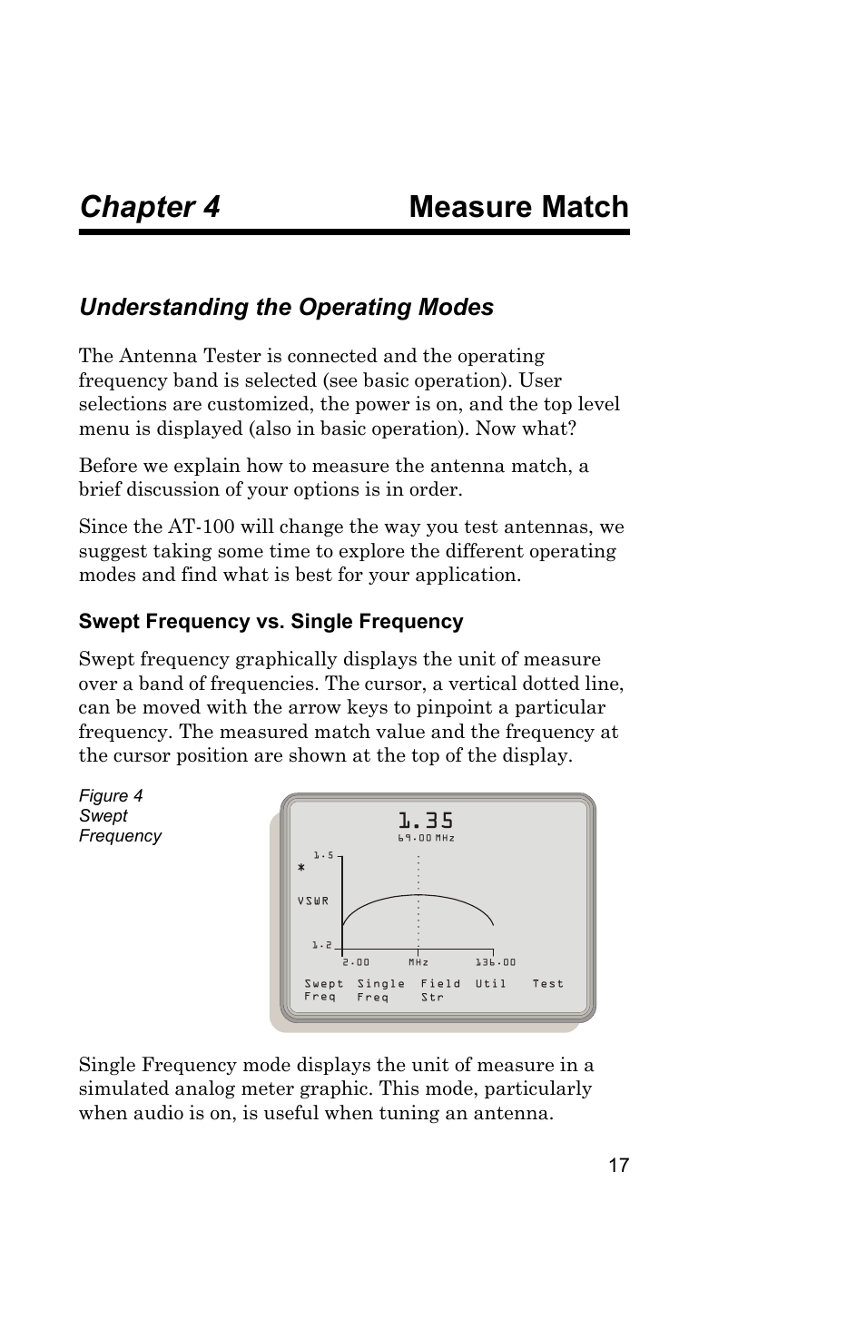 Chapter 4 measure match, Understanding the operating modes, Figure 4 swept frequency | Measure match, Swept frequency vs. single frequency | Bird Technologies AT100 User Manual | Page 27 / 55