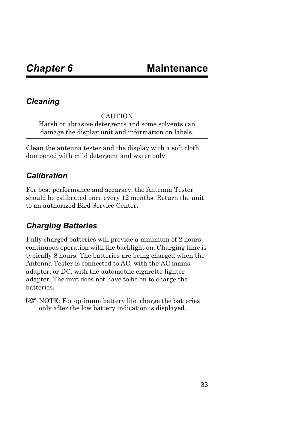 Chapter 6 maintenance, Cleaning, Calibration | Charging batteries, Maintenance | Bird Technologies AT100 User Manual | Page 43 / 55