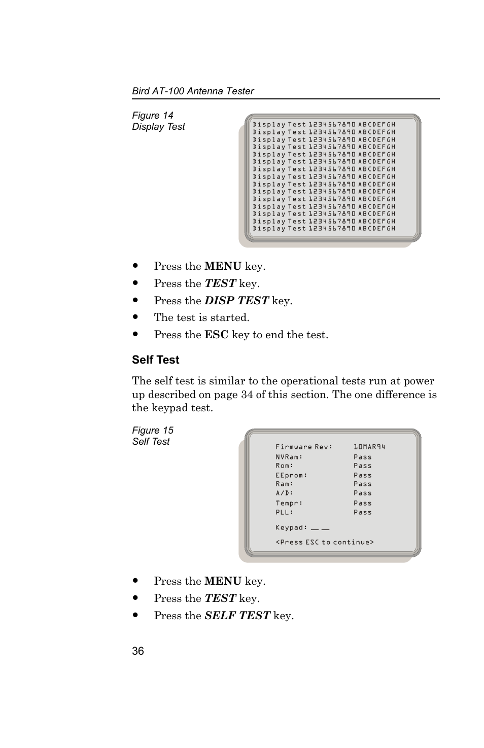 Figure 14 display test, Figure 15 self test, Self test | Bird Technologies AT100 User Manual | Page 46 / 55