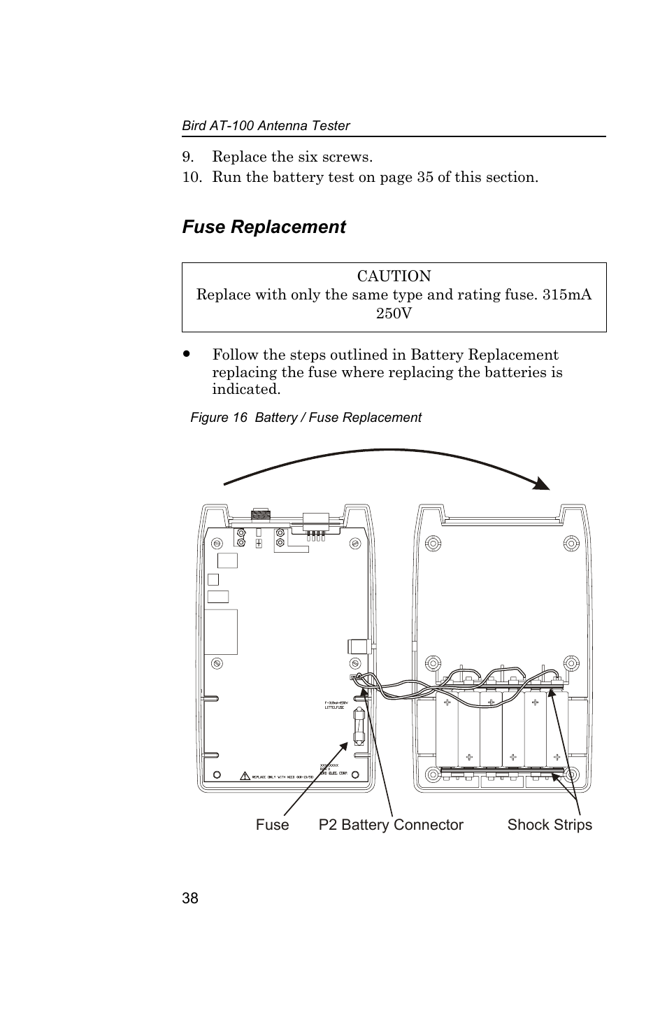 Fuse replacement, Figure 16 battery / fuse replacement | Bird Technologies AT100 User Manual | Page 48 / 55