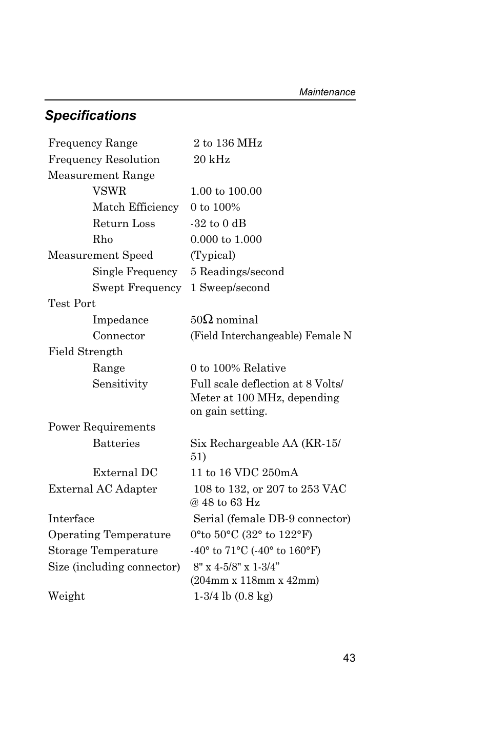 Specifications | Bird Technologies AT100 User Manual | Page 53 / 55