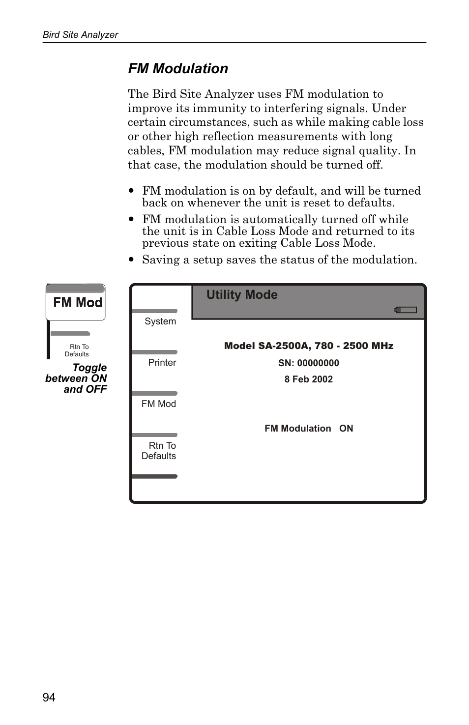 Fm modulation, Utility mode | Bird Technologies SA-4000 User Manual | Page 104 / 124