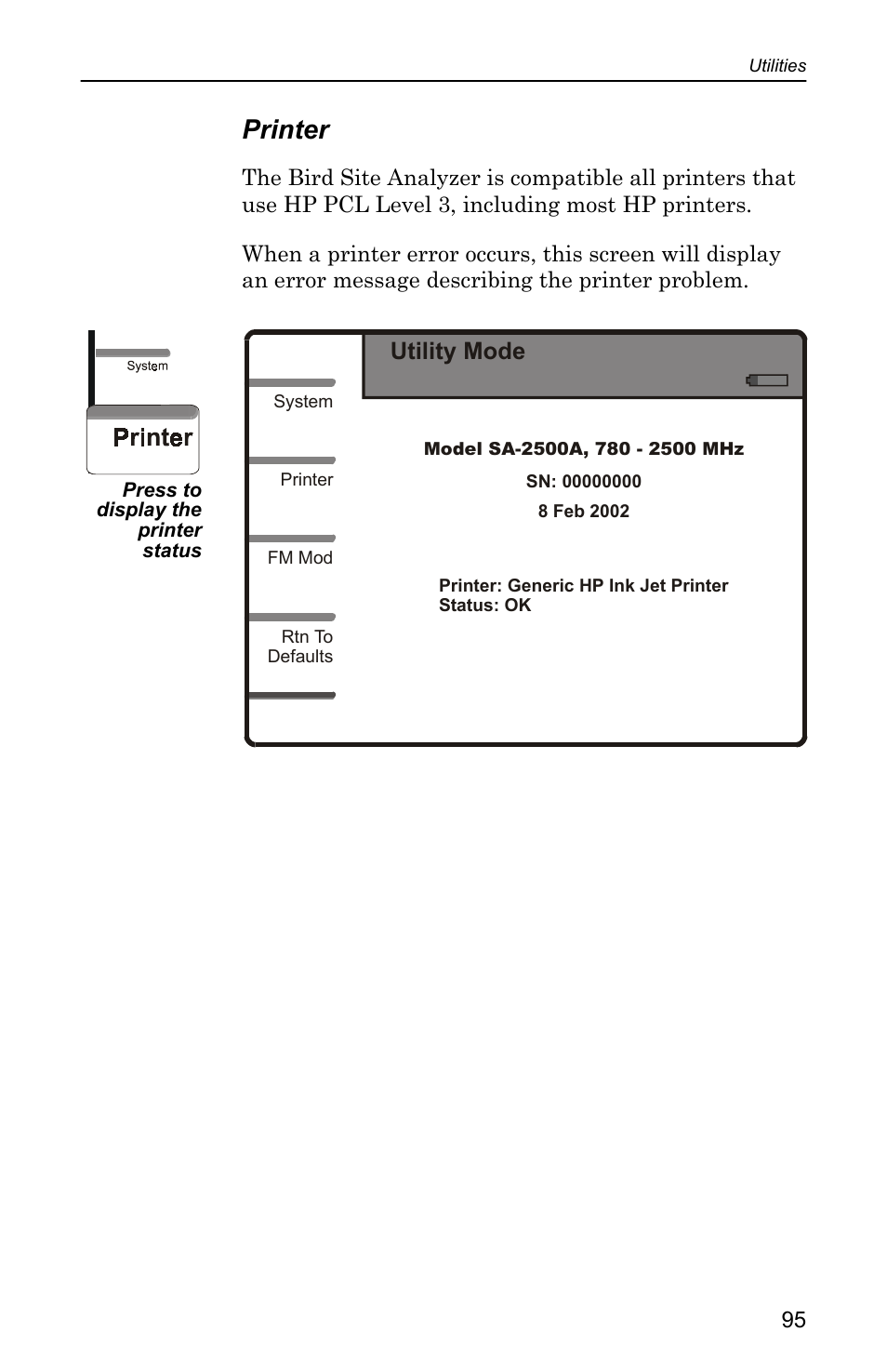 Printer, Utility mode | Bird Technologies SA-4000 User Manual | Page 105 / 124