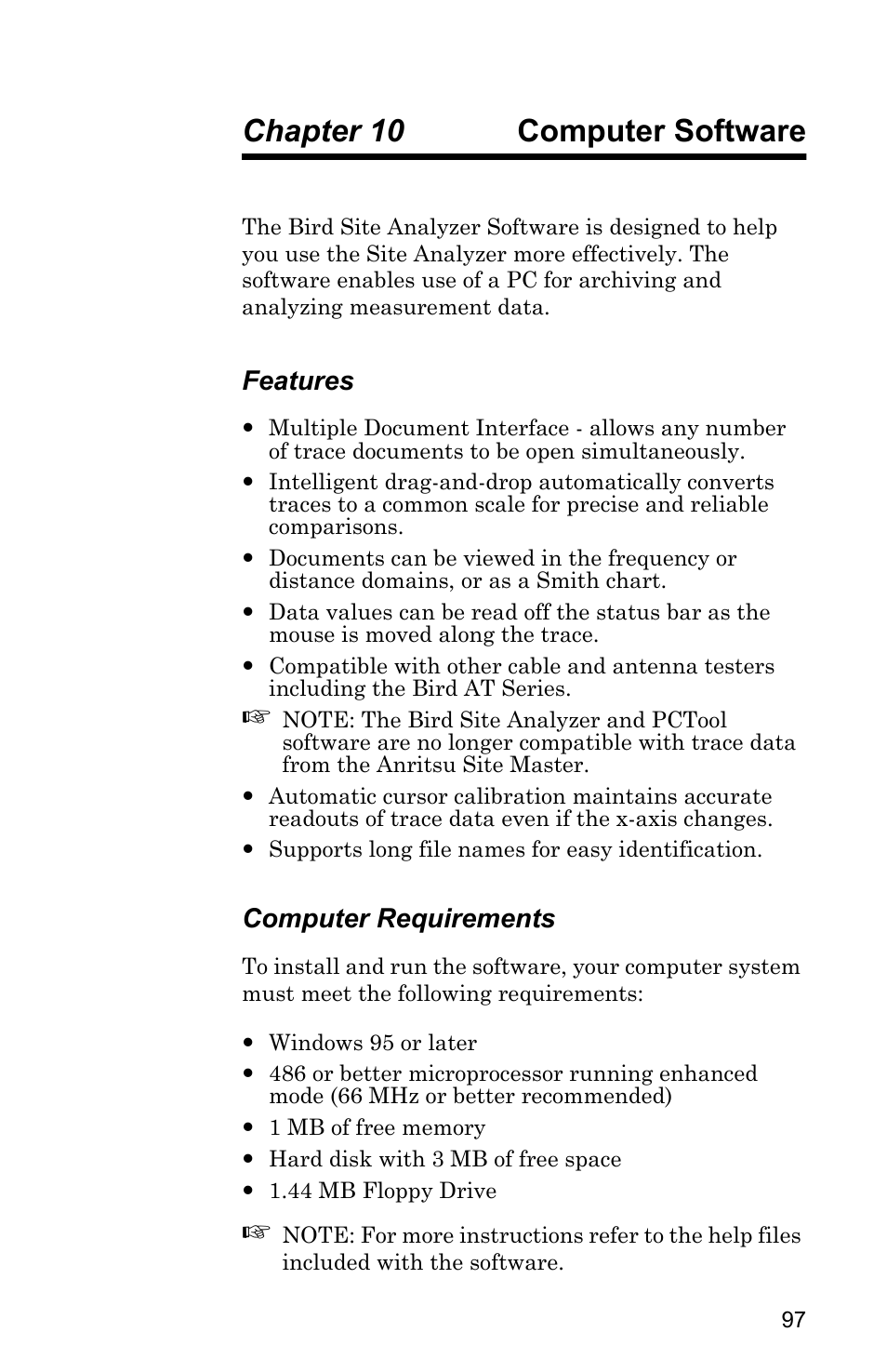 Chapter 10 computer software, Features, Computer requirements | Computer software, Features computer requirements | Bird Technologies SA-4000 User Manual | Page 107 / 124