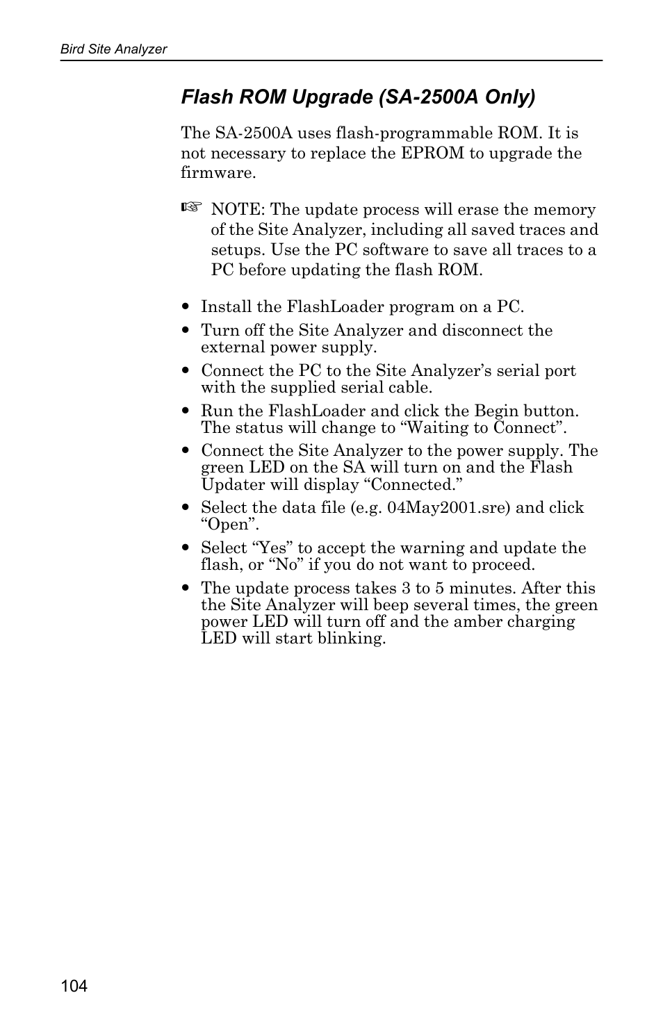 Flash rom upgrade (sa-2500a only) | Bird Technologies SA-4000 User Manual | Page 114 / 124