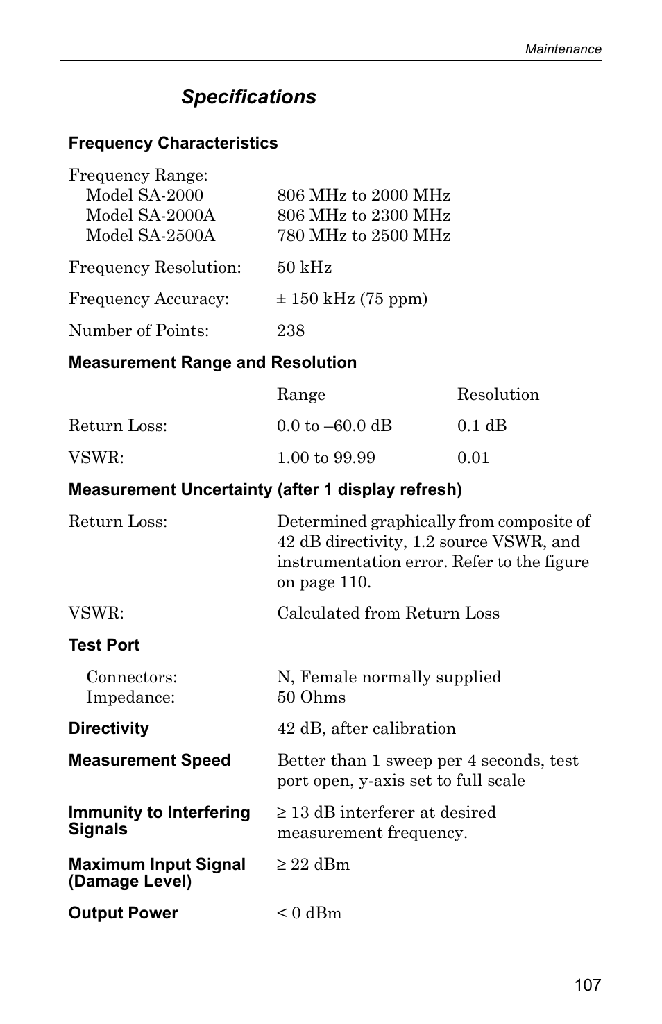 Specifications | Bird Technologies SA-4000 User Manual | Page 117 / 124