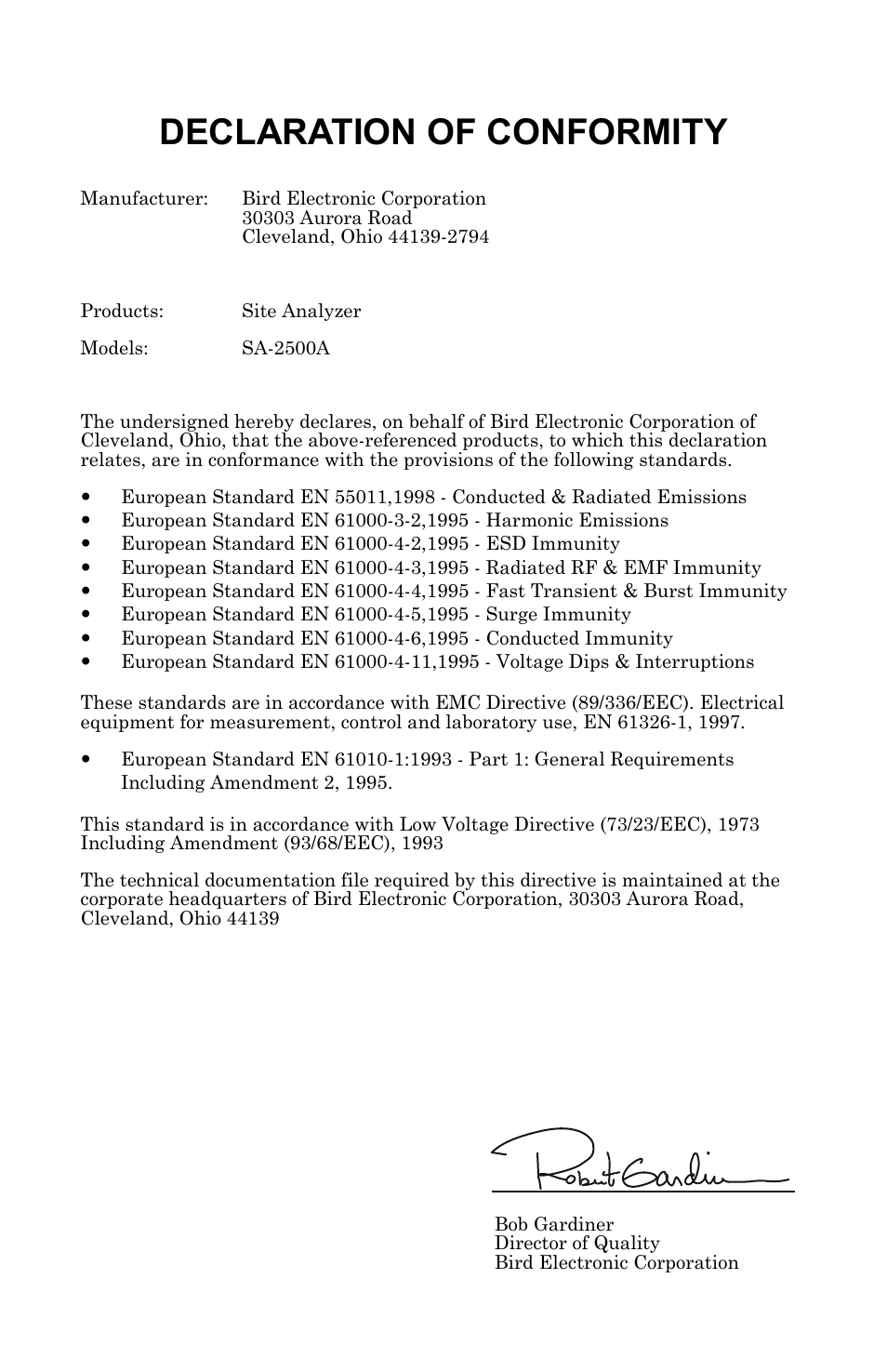 Declaration of conformity | Bird Technologies SA-4000 User Manual | Page 124 / 124