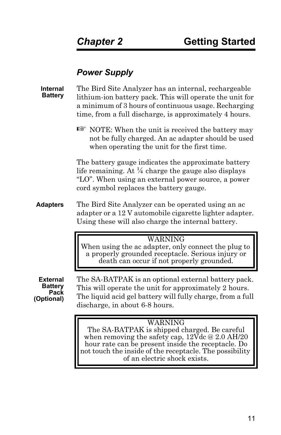 Chapter 2 getting started, Power supply, Internal battery | Adapters, External battery pack (optional), Getting started | Bird Technologies SA-4000 User Manual | Page 21 / 124