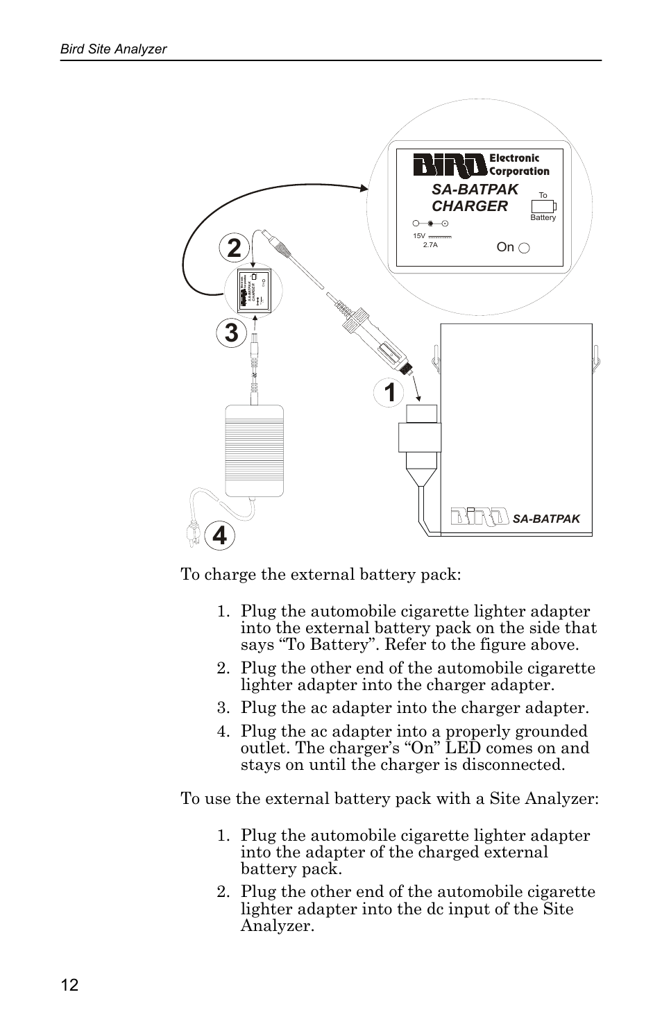 Sa-batpak charger, Bird site analyzer, Sa-batpak | Bird Technologies SA-4000 User Manual | Page 22 / 124