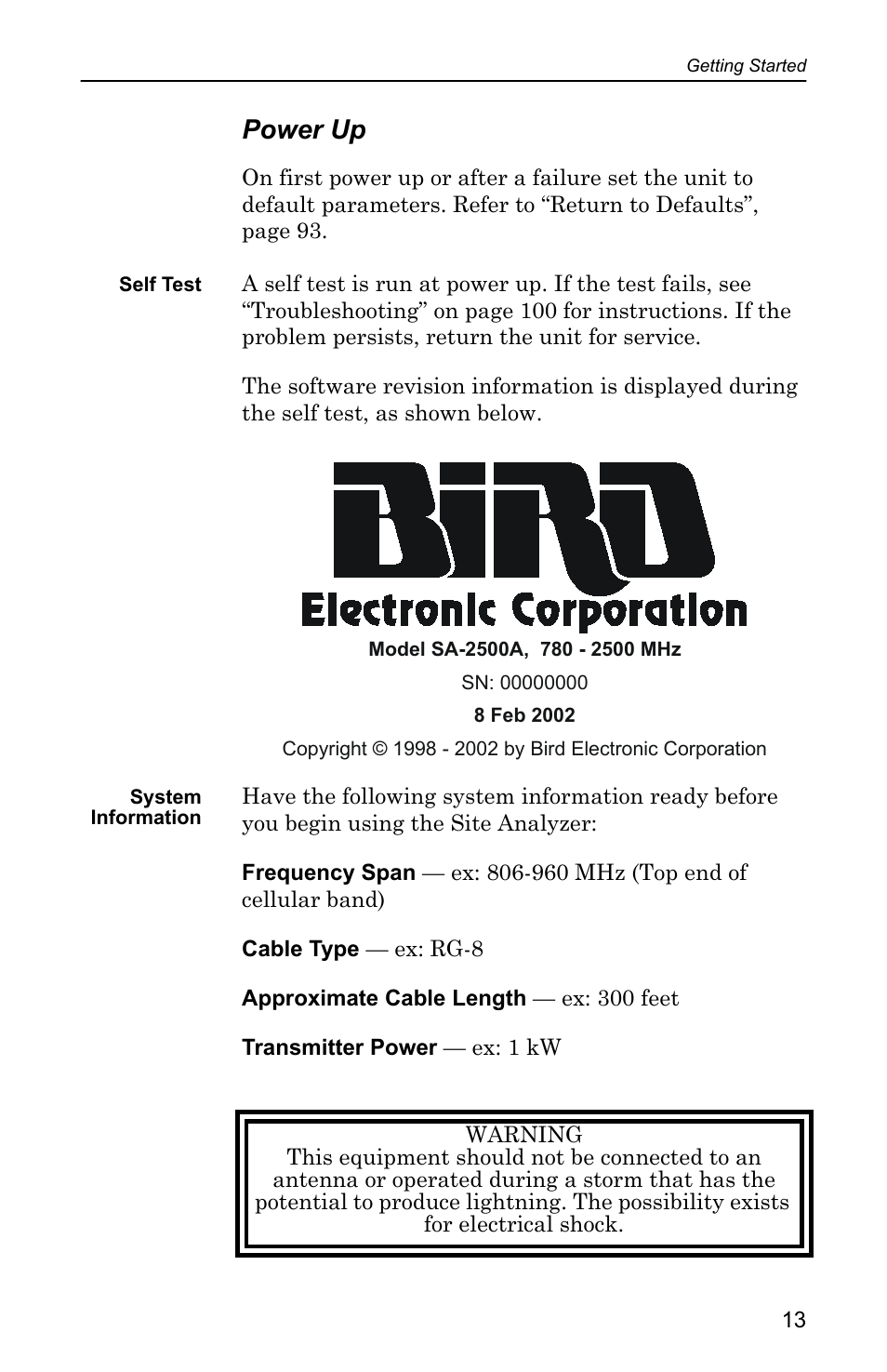 Power up, Self test, System information | Self test system information | Bird Technologies SA-4000 User Manual | Page 23 / 124