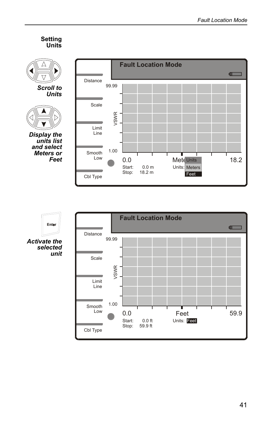 Setting units, 0 meters 18.2 fault location mode, 0 feet 59.9 fault location mode | Bird Technologies SA-4000 User Manual | Page 51 / 124