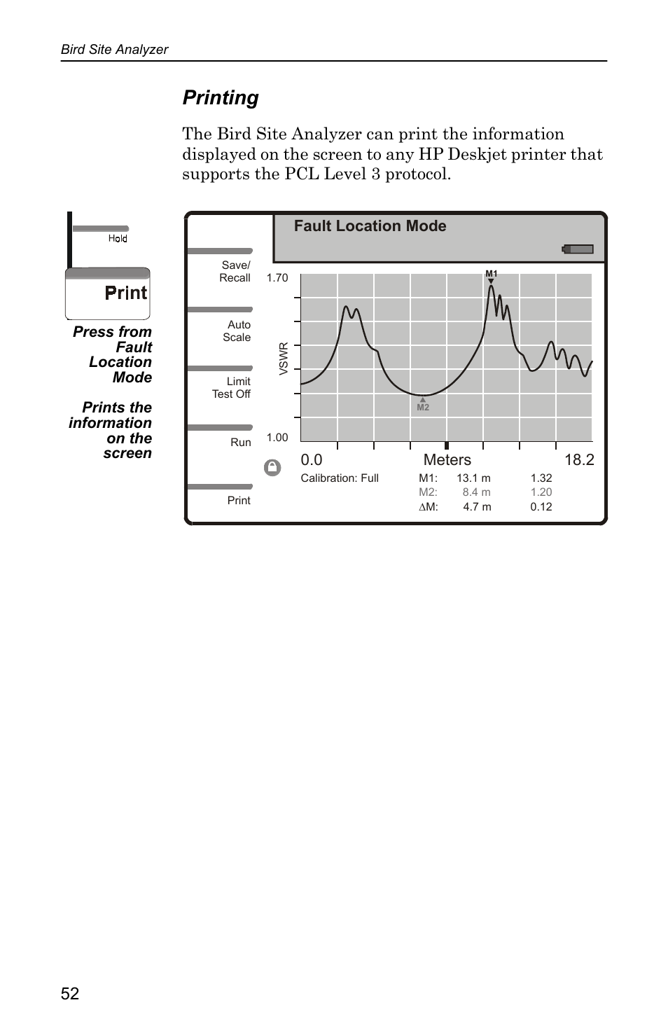 Printing, Fault location mode, 0 meters 18.2 | Bird Technologies SA-4000 User Manual | Page 62 / 124