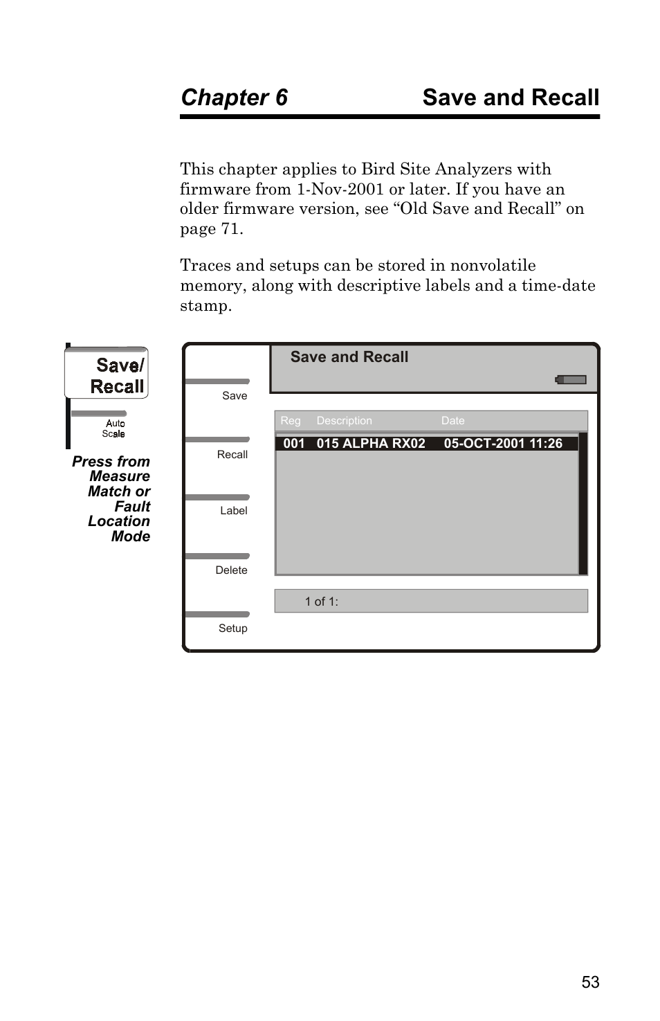 Chapter 6 save and recall, Save and recall | Bird Technologies SA-4000 User Manual | Page 63 / 124