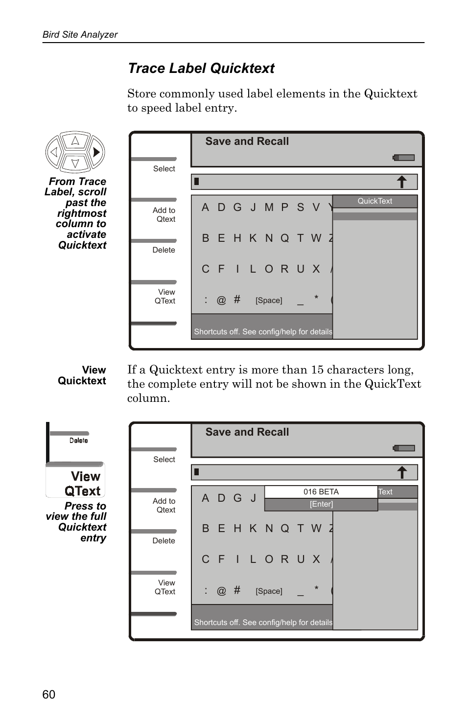 Trace label quicktext | Bird Technologies SA-4000 User Manual | Page 70 / 124