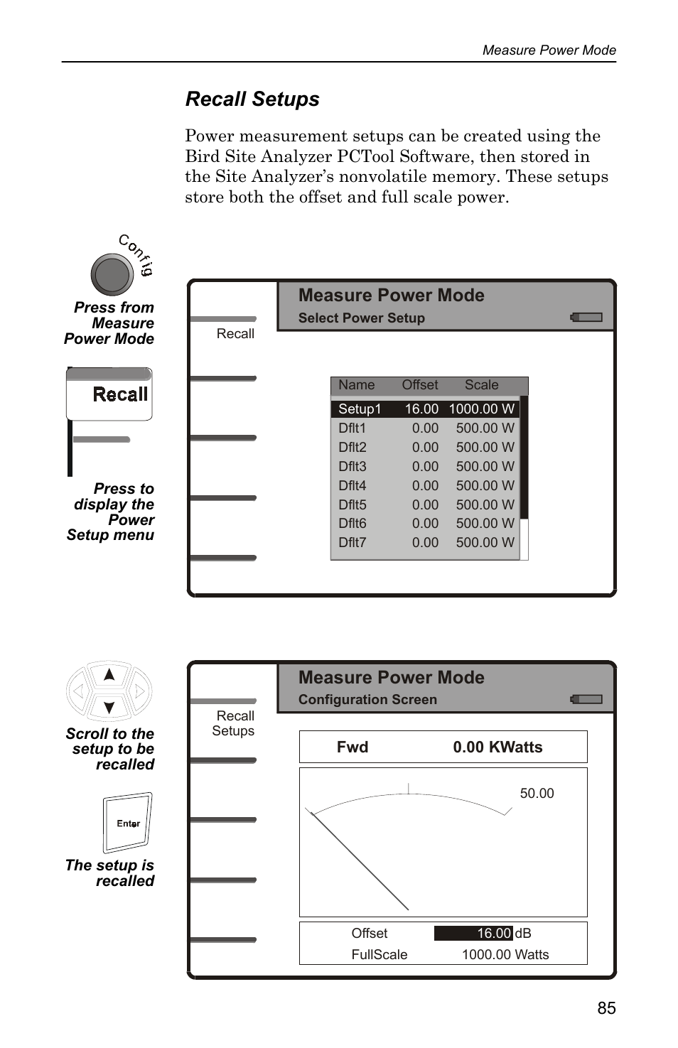 Recall setups, Measure power mode | Bird Technologies SA-4000 User Manual | Page 95 / 124