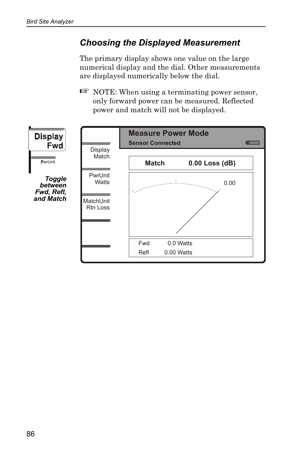 Choosing the displayed measurement, Measure power mode | Bird Technologies SA-4000 User Manual | Page 96 / 124