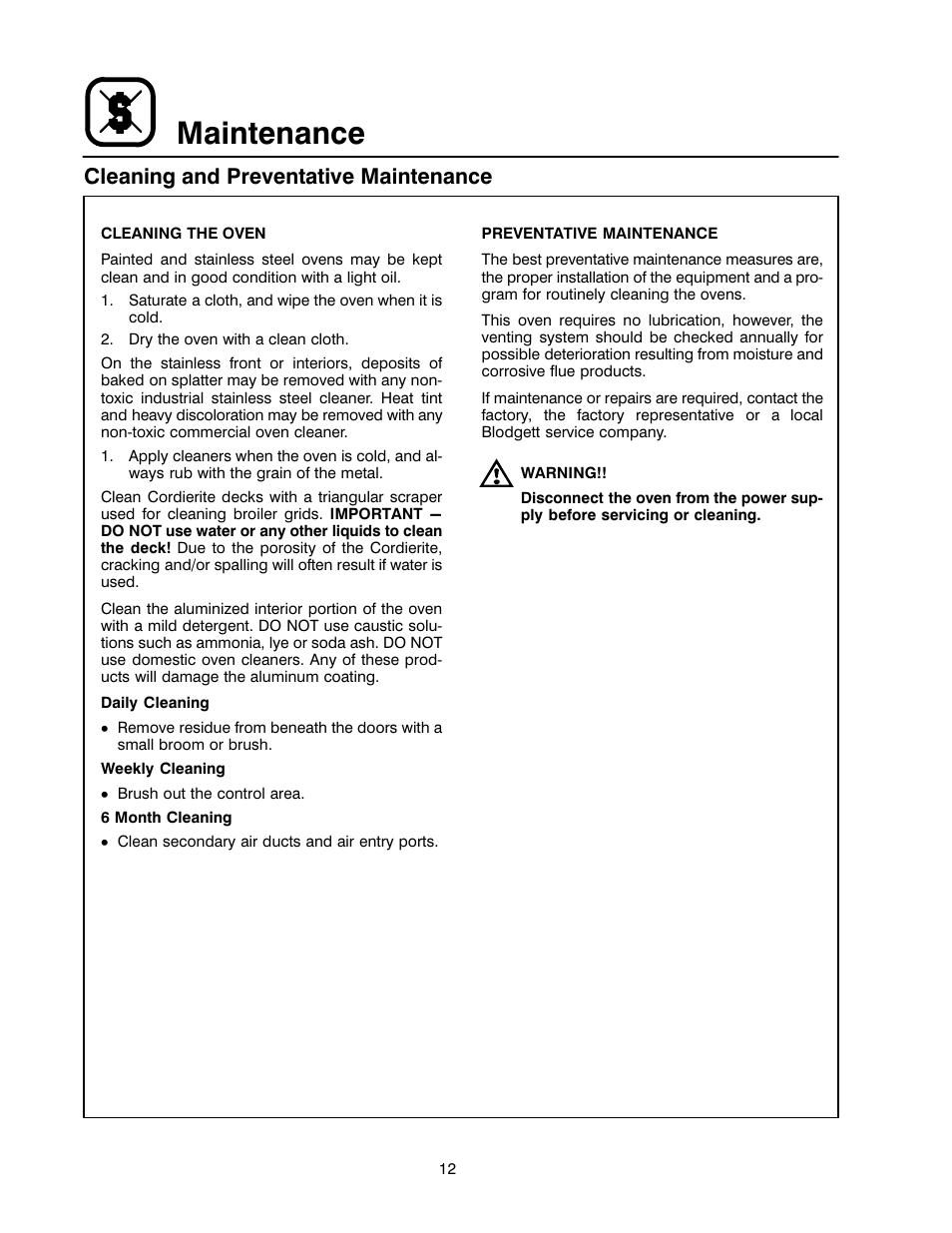 Maintenance, Cleaning and preventative maintenance | Blodgett 1400 SERIES User Manual | Page 16 / 18