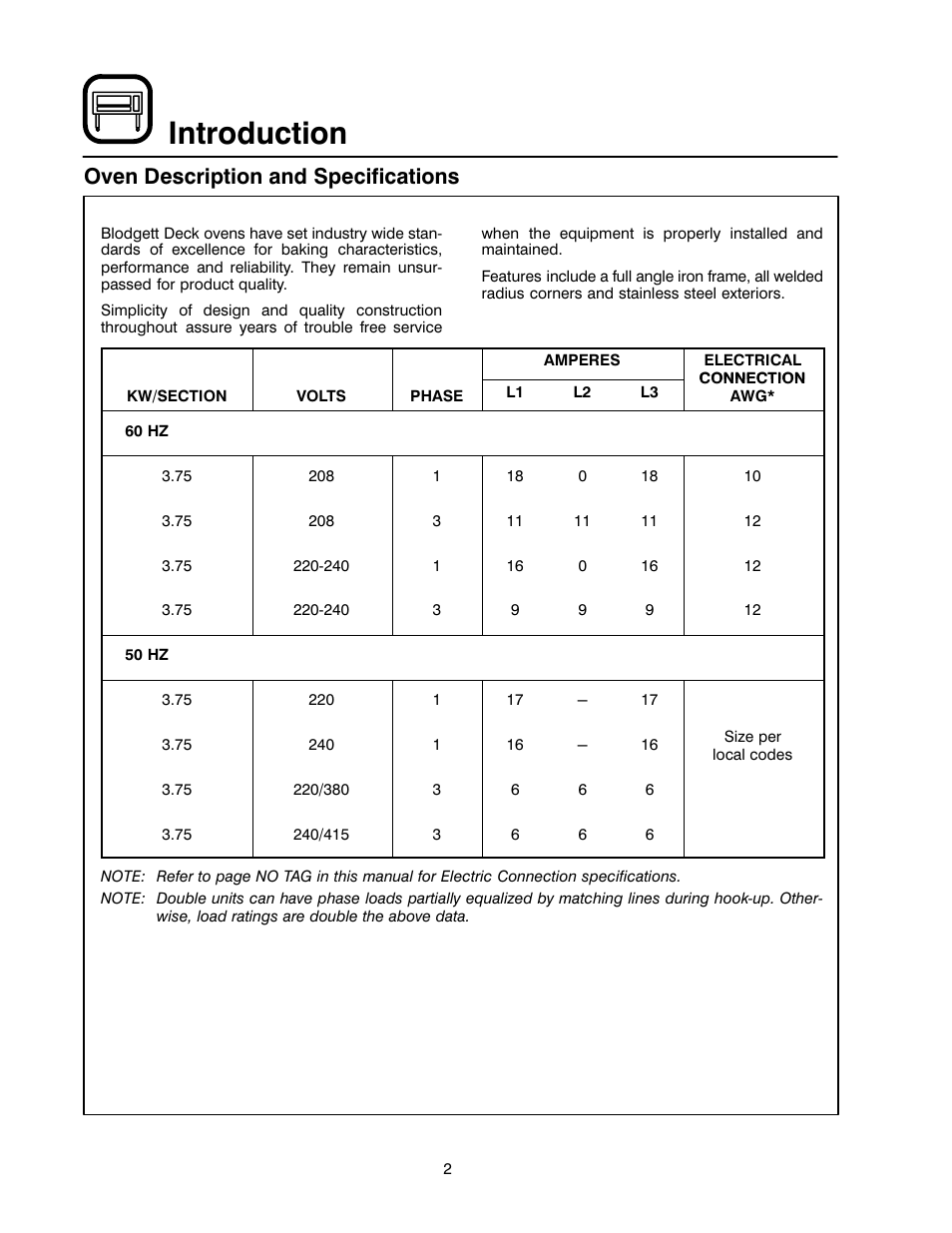 Introduction, Oven description and specifications | Blodgett 1400 SERIES User Manual | Page 6 / 18