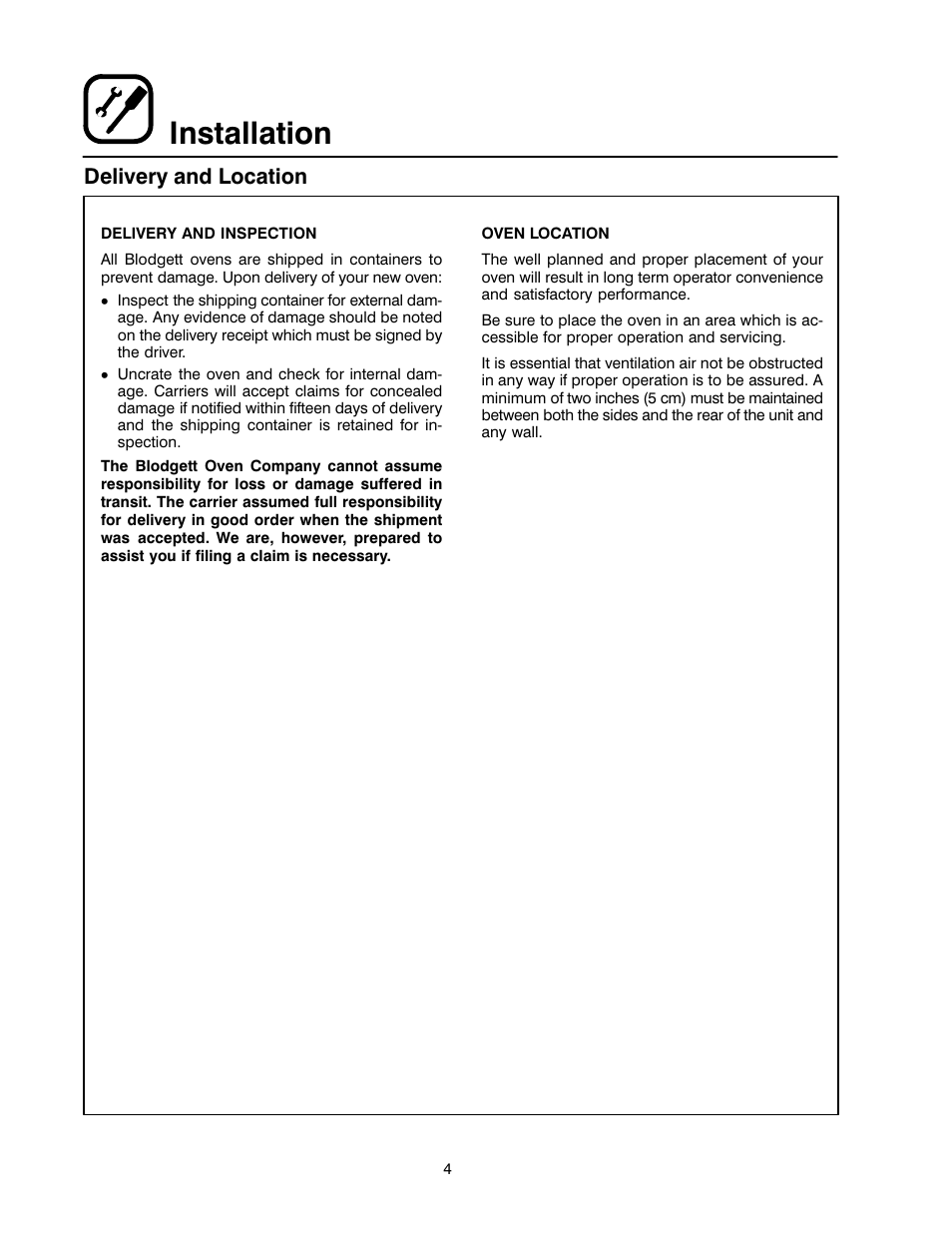 Installation, Delivery and location | Blodgett 1400 SERIES User Manual | Page 8 / 18