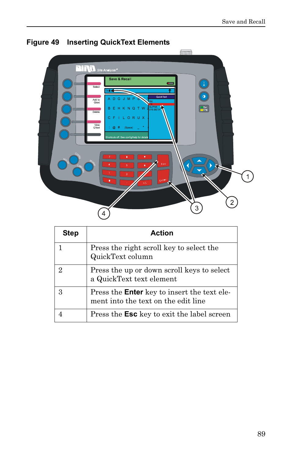 Figure 49 inserting quicktext elements | Bird Technologies SA-6000EX User Manual | Page 105 / 162