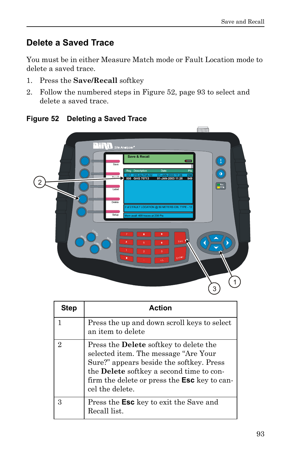 Delete a saved trace, Figure 52 deleting a saved trace | Bird Technologies SA-6000EX User Manual | Page 109 / 162