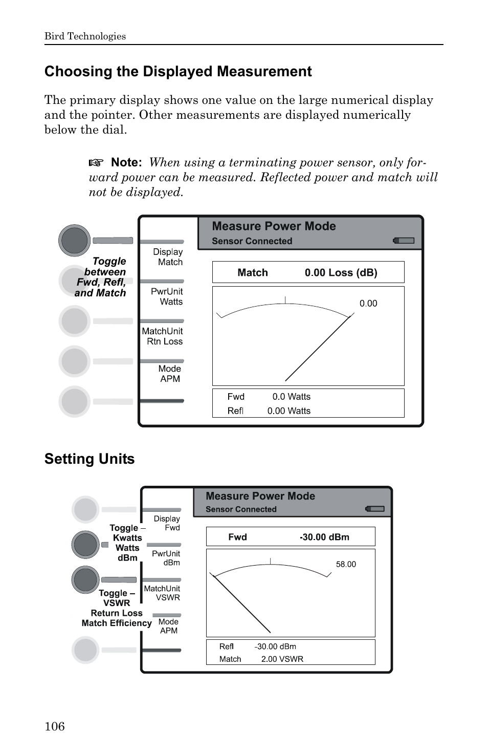 Choosing the displayed measurement, Setting units, Choosing the displayed measurement setting units | Bird Technologies SA-6000EX User Manual | Page 122 / 162