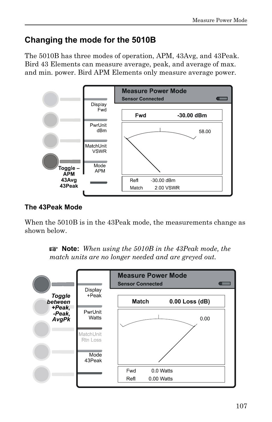 Changing the mode for the 5010b, The 43peak mode | Bird Technologies SA-6000EX User Manual | Page 123 / 162