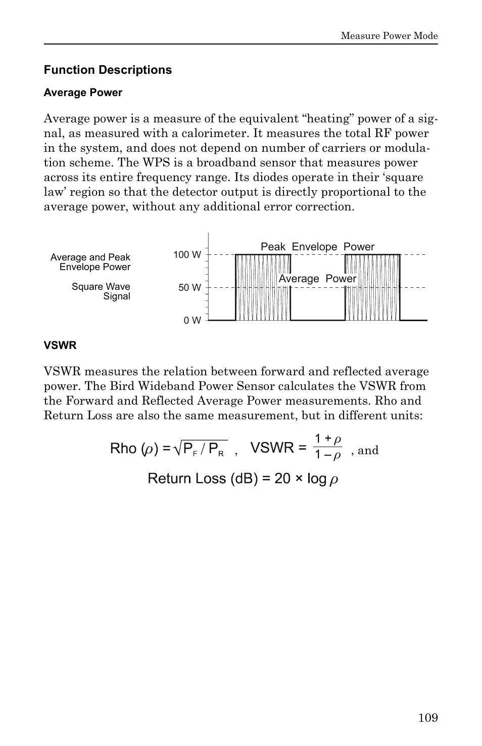 Function descriptions, Average power, Vswr | Average power vswr | Bird Technologies SA-6000EX User Manual | Page 125 / 162