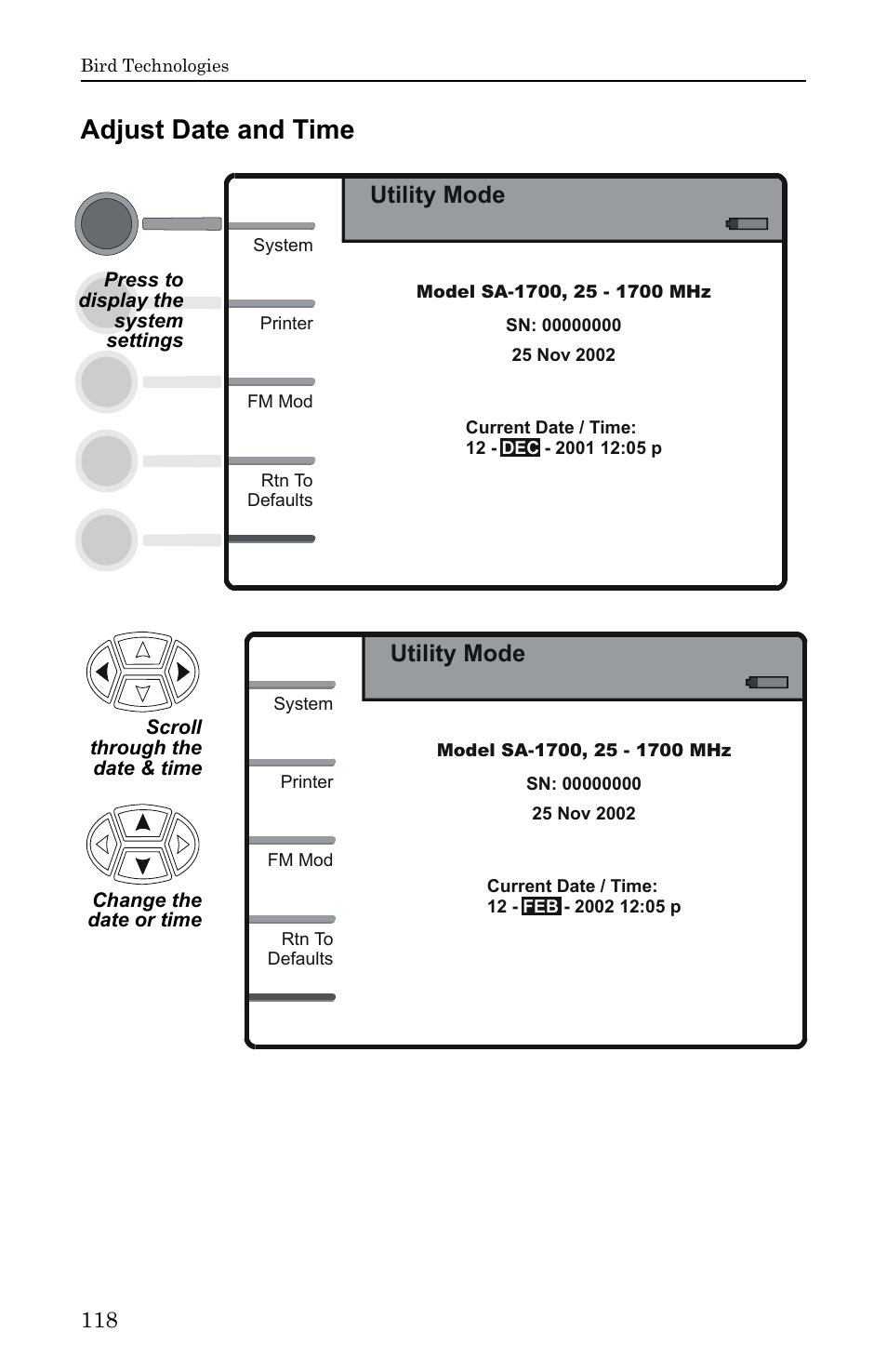 Adjust date and time, Utility mode | Bird Technologies SA-6000EX User Manual | Page 134 / 162