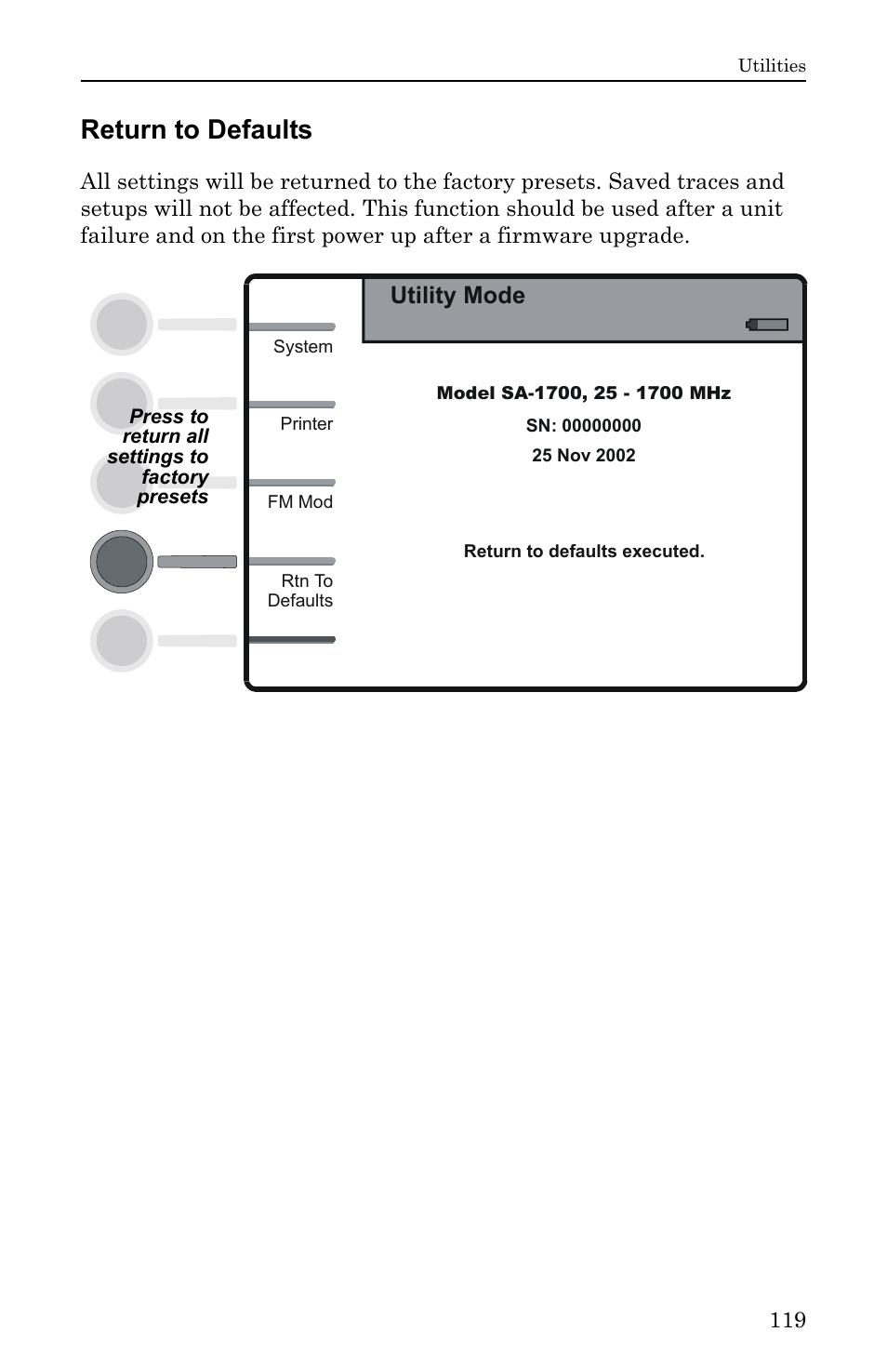 Return to defaults, Utility mode | Bird Technologies SA-6000EX User Manual | Page 135 / 162