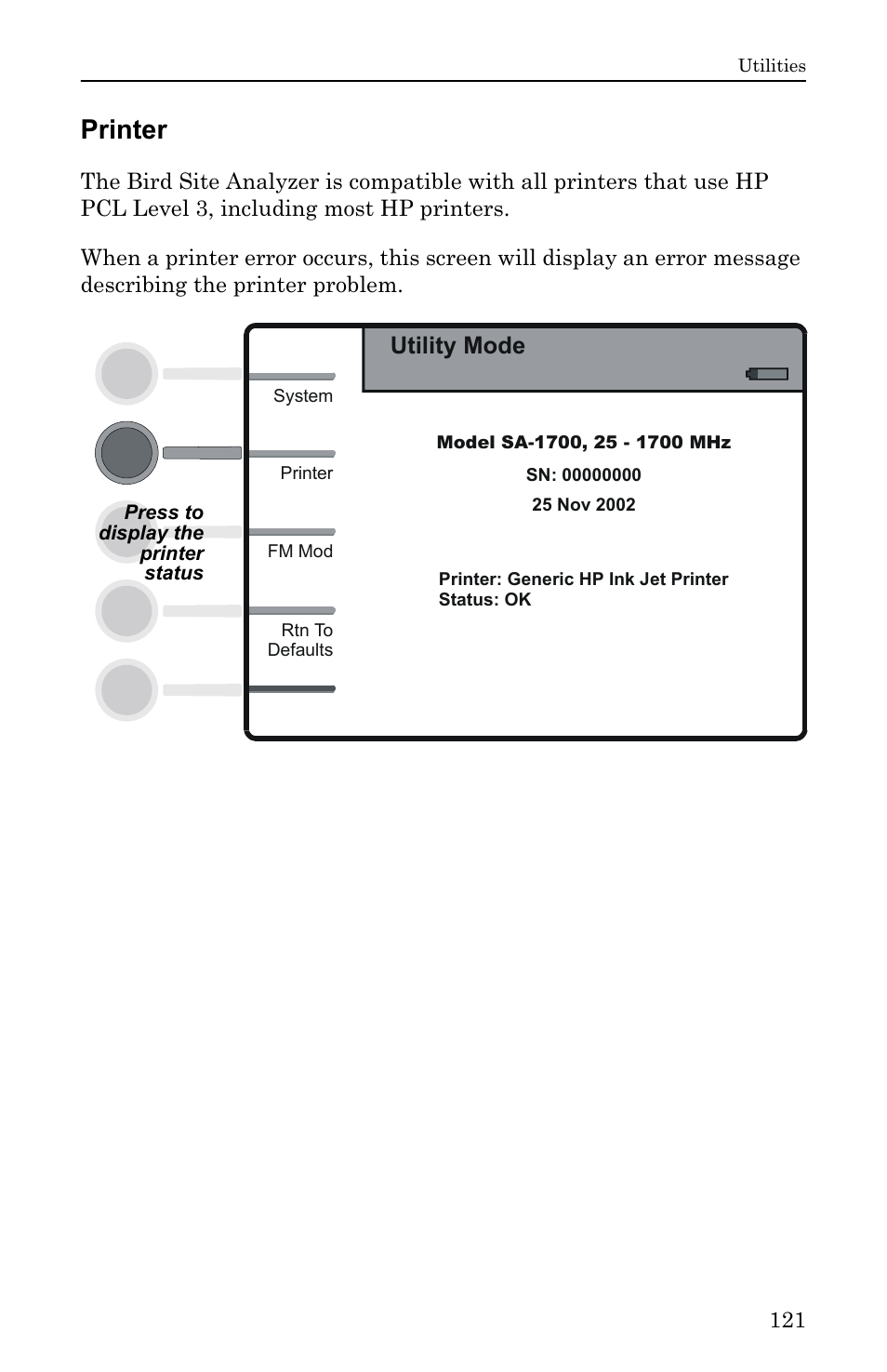 Printer, Utility mode | Bird Technologies SA-6000EX User Manual | Page 137 / 162