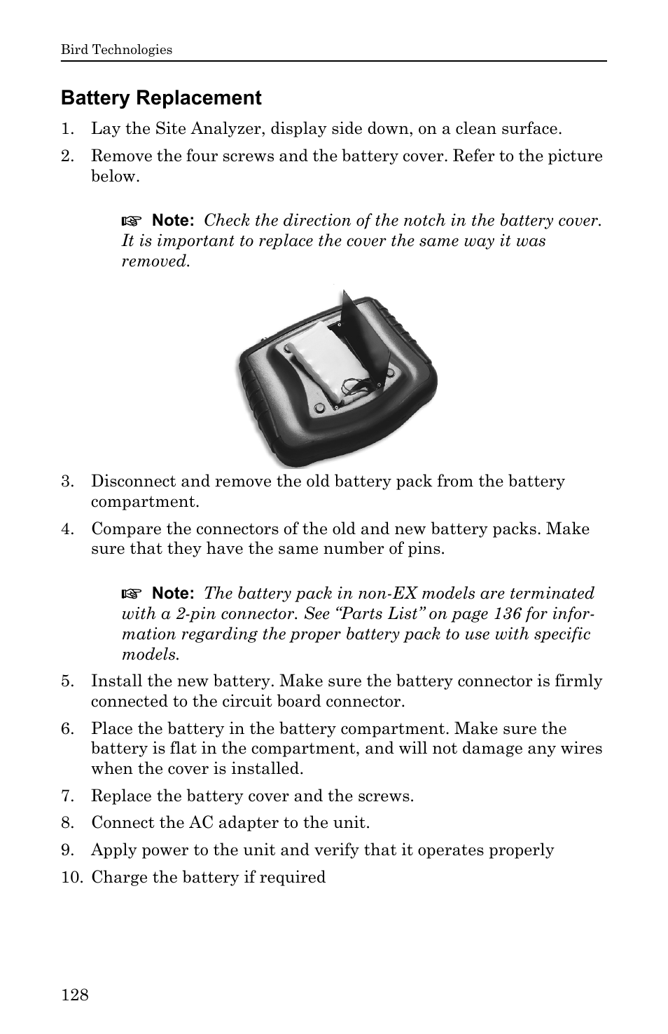 Battery replacement | Bird Technologies SA-6000EX User Manual | Page 144 / 162