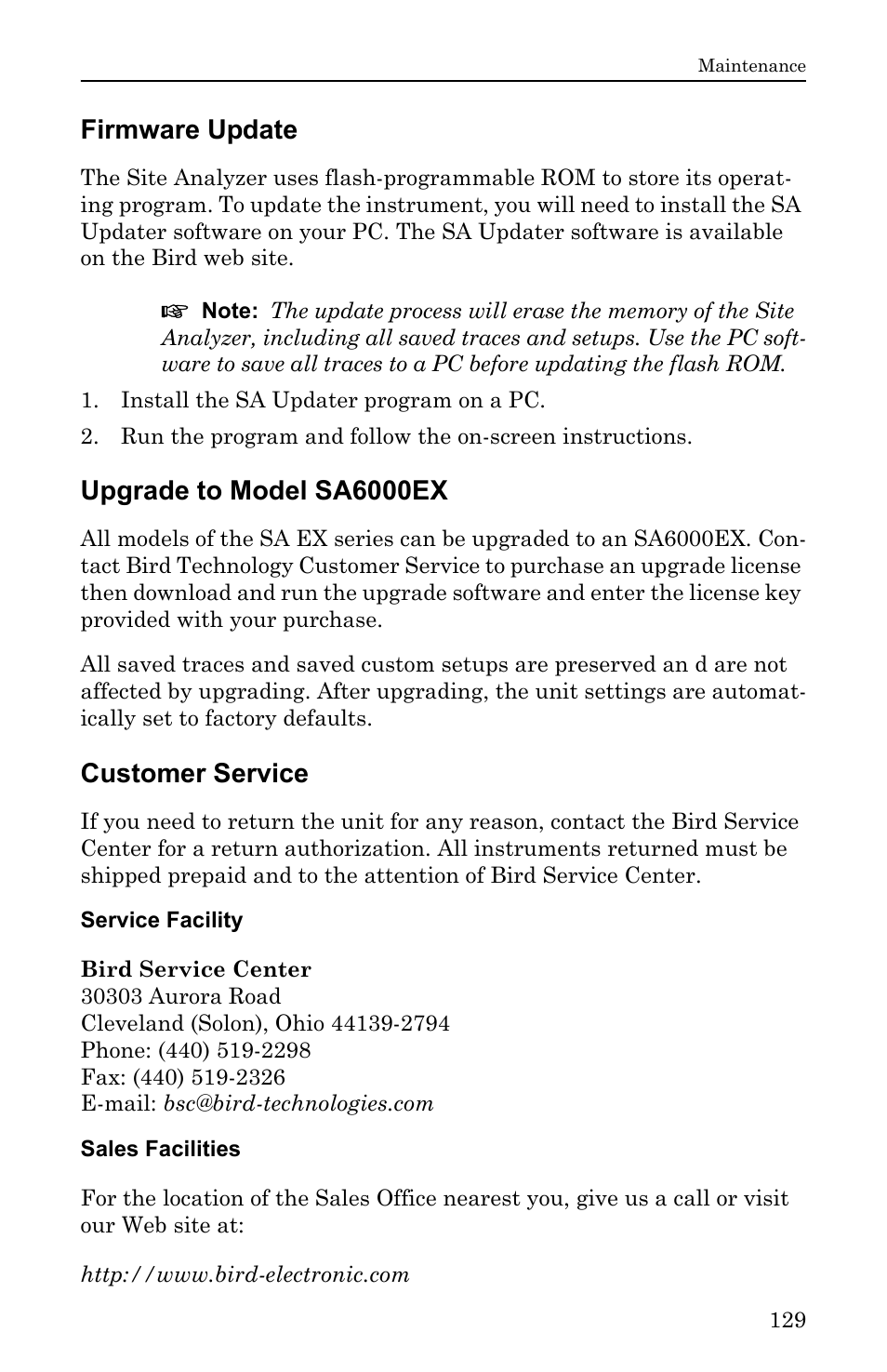 Firmware update, Upgrade to model sa6000ex, Customer service | Service facility, Sales facilities, Service facility sales facilities | Bird Technologies SA-6000EX User Manual | Page 145 / 162