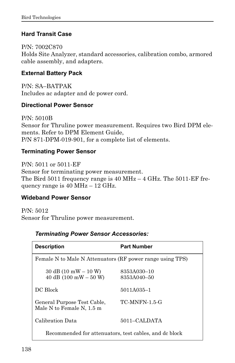 Hard transit case, External battery pack, Directional power sensor | Terminating power sensor, Wideband power sensor | Bird Technologies SA-6000EX User Manual | Page 154 / 162